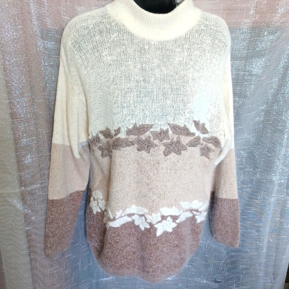 Segue Vintage Angora Silk Sweater Floral Print, Brown/Tan/Cream, Sz M, soft